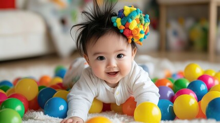 Obraz premium Happy baby girl playing in colorful ball pit at home