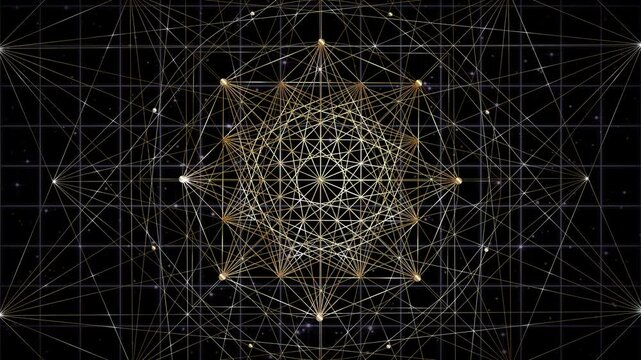 Video animation gold Sacred geometry. Loop footage of Mystic geometric spatial grid, wireframe drawing. Mystical eight pointed star, crop circles, special effects on black galaxy background