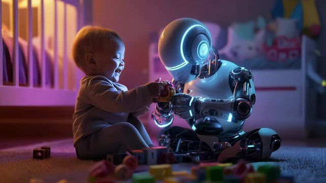 humanoid robot with a sleek, glowing design interacts with smiling baby in a cozy nursery playing with colorful toys illustrating concept of robotic nannies and artificial intelligence in childcare