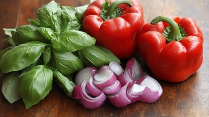 Vibrant Red Bell Peppers, Fresh Basil, and Sliced Red Onions - A Culinary Composition