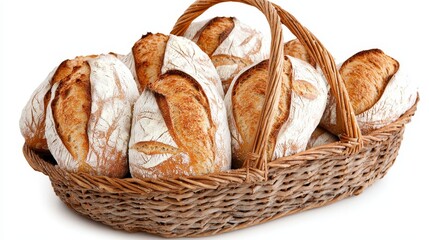 detailed basket of baguettes, golden-brown crust, rustic bakery feel, artisanal style, isolated on white background