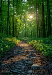 Obraz premium Sunlight artfully streams through the park's trees, guiding a pathway uphill towards the sun