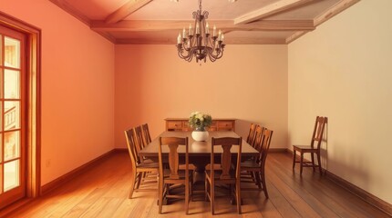 A cozy dining area featuring a rustic wooden table, soft lighting, and a classic chandelier.