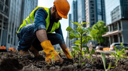 Worker plants tree in urban construction site.  Environmental responsibility
