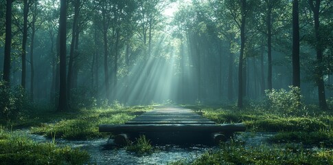 Obraz premium In the heart of the forest, sunlight breaks through the dense, green foliage, painting a mesmerizing pattern of light and shadow across the clearing