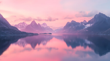 Fototapeta premium Pink sunset over calm fjord, mountains background, digital art, website banner. Sunset Fjord. Illustration