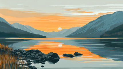 Obraz premium Serene sunset over a calm lake, with mountains in the background. Sunset Fjord. Illustration