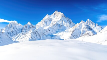 Majestic snow-capped mountains under a clear blue sky, winter landscape, scenic travel postcard