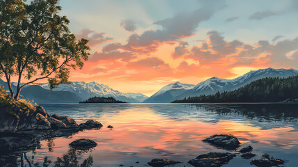 Serene sunset over a calm lake, with mountains in the background. Sunset Fjord. Illustration