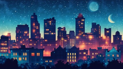 Night city. Urban landscape houses night environment vector background