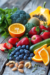 Vibrant Array of Fresh Fruits, Vegetables, Nuts, and Seeds for a Balanced Diet and Optimal Health