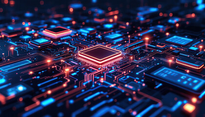 Fototapeta premium Illuminated Circuit Board Displays Central Processing Unit