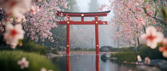 Selbstklebende Fototapeten Japanese Frame with Pink Cherry Blossoms and Torii Gate over a Pond. Copy space. Generative AI  © Rickyloca