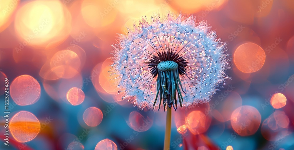 Poster abstract blurred nature background with dandelion seeds on a parachute. abstract nature with a bokeh