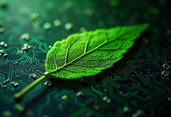 Green leaf sits on eco tech circuit board. Sustainable tech concept. Future eco friendly tech. Modern eco tech. Growth of green eco tech. Bio tech illustration. Clean eco design. Nature, technology