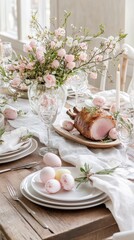 Fototapeta premium Enjoy Easter with a feast of roasted lamb, decorated eggs, and fresh veggies on a rustic table