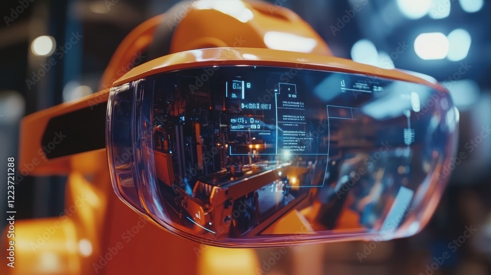 Poster up close the ar headset lenses show data overlays that blend with the factory machinery background h