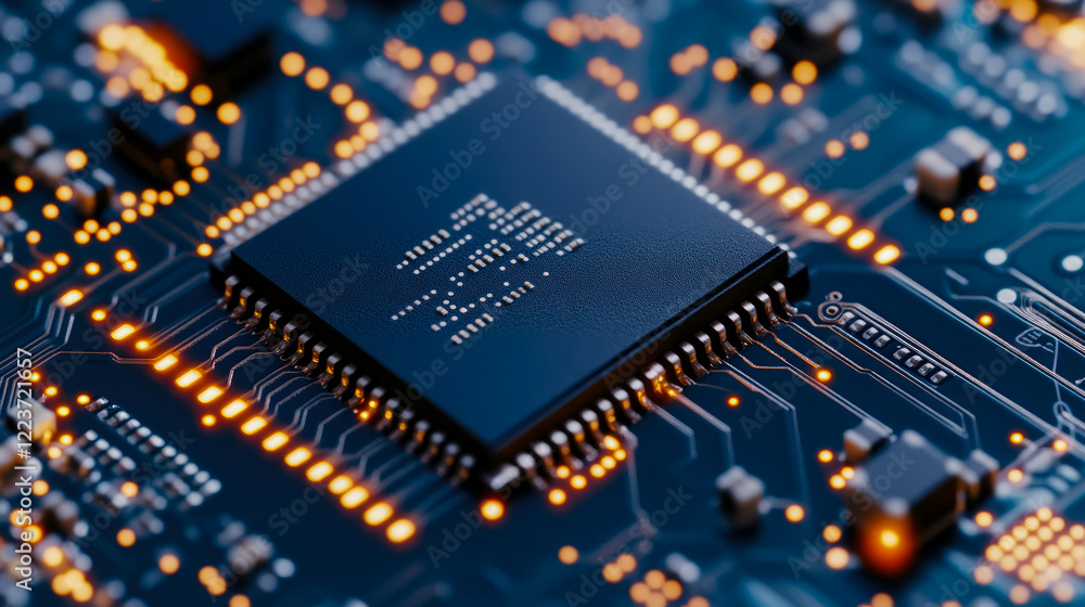 Aufkleber close-up of illuminated microchip on circuit board