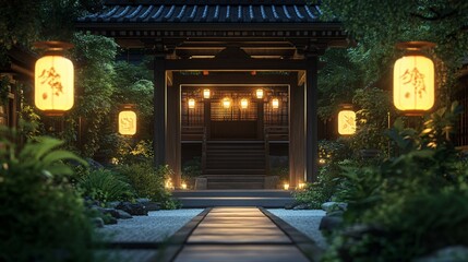 Fototapeta premium Luxurious Japanese Building with Paper Lanterns, wooden Carvings and Tiled Footpath in a Zen Garden. Copy space. Generative AI