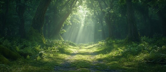Obraz premium Sunbeams Illuminating a Mystical Forest Path