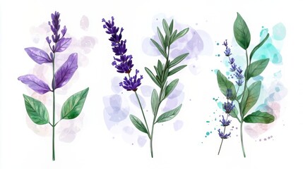 Delicate Watercolor Botanical Illustration of Lavender and Herbs
