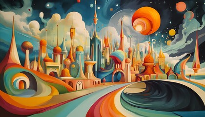 Obraz premium Vibrant fantasy cityscape painting