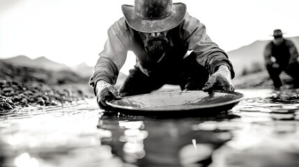 Close-up of rugged miners panning for gold in a muddy riverbed, faces etched with determination, black and white, authentic late 1800s aesthetic