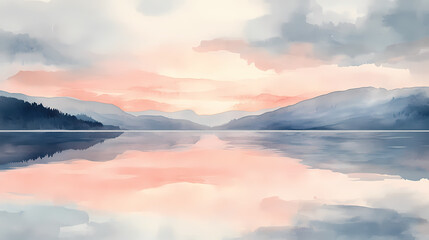 Obraz premium A soft watercolor painting of fjord water at sunset, with pastel tones blending into the mirrored surface. Sunset Fjord. Illustration
