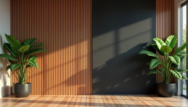 Modern room with wooden wall panels. Empty space, green plant in dark pot. Sunlight casts shadows on floor, walls. Minimalist design with natural light, dark walls. Stylish interior. Empty room for