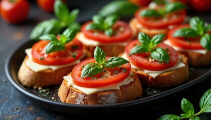 Close-up view of appetizing bruschetta. Toasts topped with slices of fresh tomatoes, mozzarella cheese, fresh basil leaves. Served on dark plate. Delicious Italian finger food perfect for casual meal
