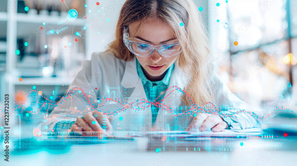 Poster lab researcher analyzing data with futuristic interface