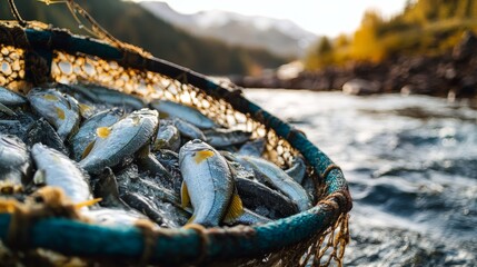 Fishing in ocean. Ship with full net of fish in sea. Commercial catching, industry boat or vessel in water. Underwater world, nature nowaday vector landscape