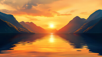 Fototapeta premium Golden sunset over serene mountains and calm sea. breathtaking view of nature's beauty. Sunset Fjord. Illustration