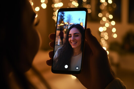 Joyful evening video call with festive holiday lights in background. Valentine's day online celebration