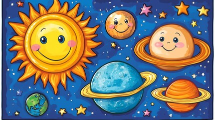 Solar system. Cartoon planets with different emotions, educational poster for children. Sun earth venus mars saturn and pluto, nowaday vector scene
