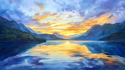 Majestic sunset over a tranquil fjord landscape. Sunset Fjord. Illustration