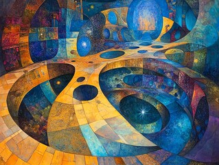 Surreal abstract painting. Vibrant blues, golds, and deep blacks create a mesmerizing cosmic landscape.  Intricate details evoke a sense of wonder and mystery.