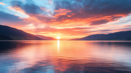 Obraz premium Majestic sunset over a tranquil fjord landscape. Sunset Fjord. Illustration