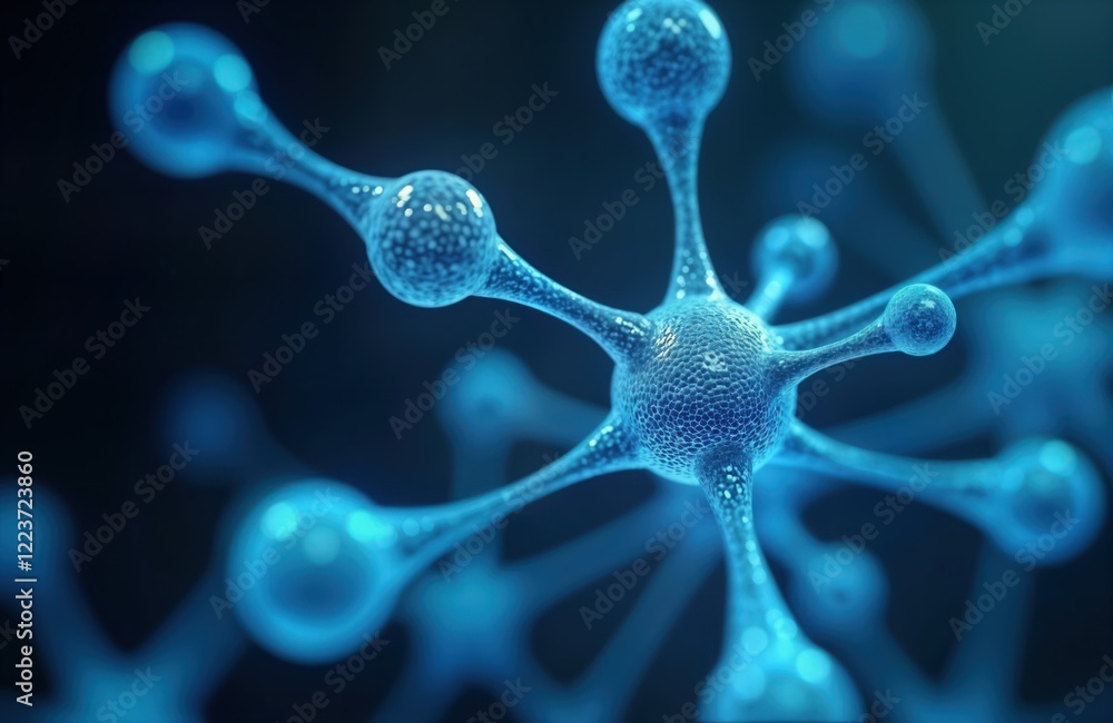Poster abstract scientific photo showing complex molecule structure. molecular connections in blue shade. i