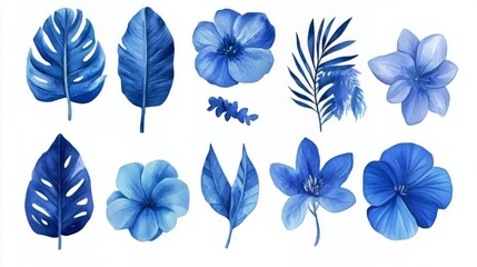 Stunning Watercolor Tropical Floral Illustrations in Vibrant Blue