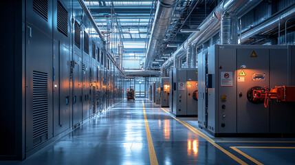 Obraz premium A modern incineration chamber with clear safety signs and spotless surroundings in a waste disposal plant.