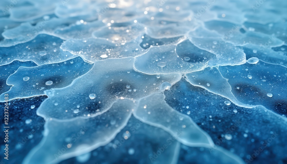 Poster detailed close-up view of fractured ice. icy surface displays unique patterns, textures. transparent