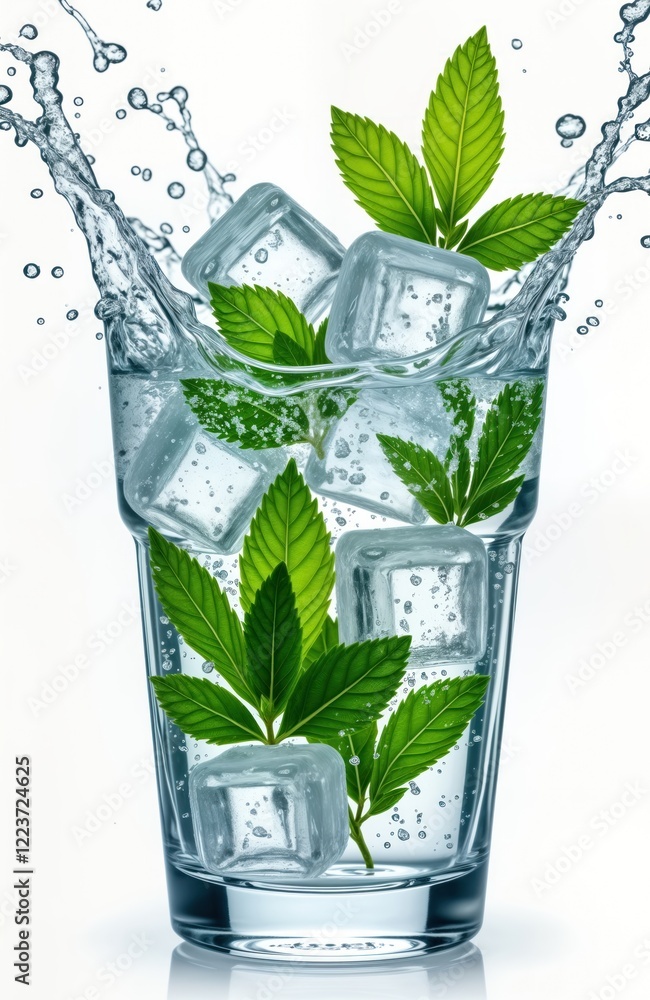 Poster fresh mint leaves, ice cubes splash into glass of water creating refreshing drink image. water dropl