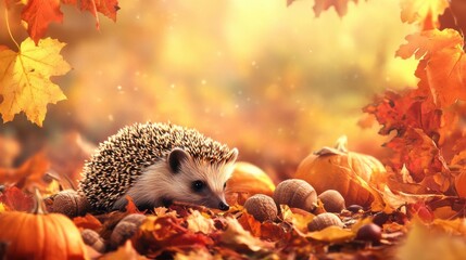 Obraz premium Hedgehog Exploring Pile of Autumn Leaves with Pumpkins and Acorns: Warm Light and Cozy Seasonal Atmosphere Capturing Curiosity and Fall Beauty in a Picturesque Autumn Setting