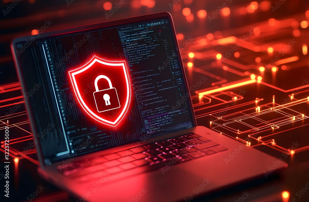 Poster open laptop screen shows bright red shield with padlock. online security, data protection. image ide