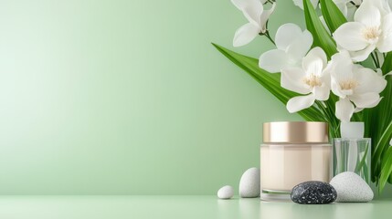 Face cream jar and zen stones arranged on a calming light green background in a tranquil setting