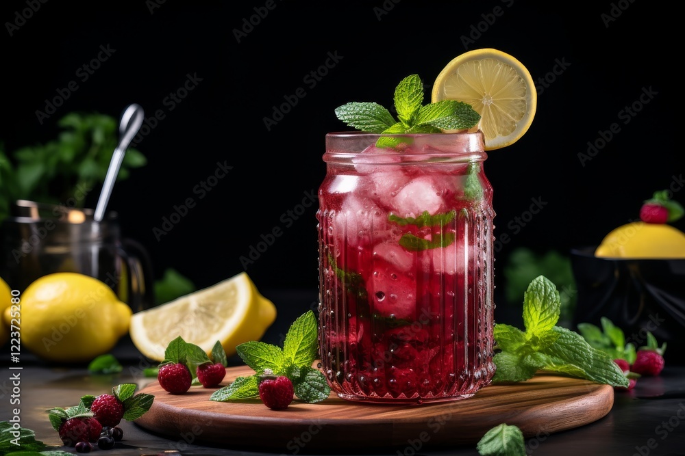 Poster refreshing raspberry mint drink with lemon and ice served on a wooden board. generative ai