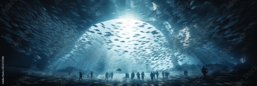 Poster exploring a mesmerizing underwater world filled with shimmering schools of fish. generative ai