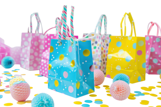 Colorful party gift bags filled with joy and celebration on a festive backdrop adorned with playful decorations isolated on transparent background - Powered by Adobe