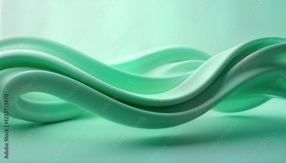 Poster abstract 3d render design shows smooth fluid green waves on light blue background. stylish minimalis